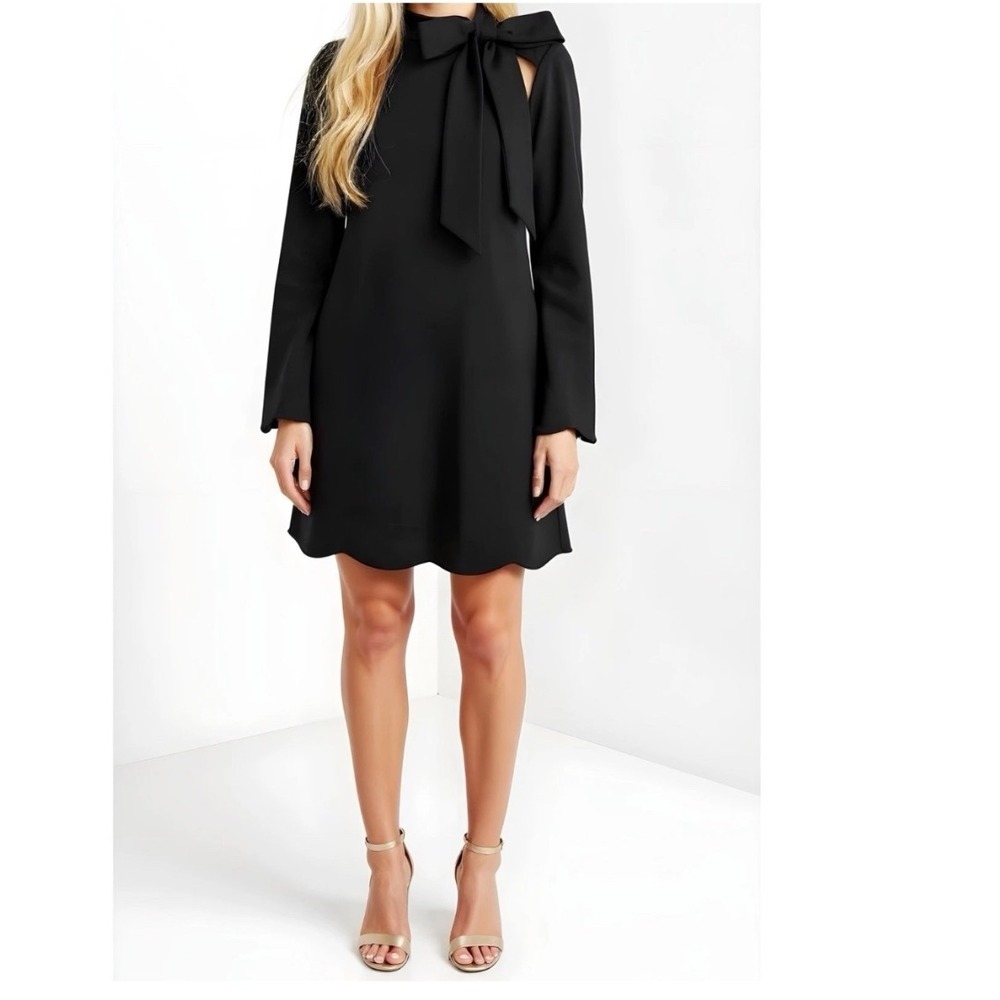 Anthropologie Maeve Bow Neck Tie Black Cutout Scalloped Hem Mini Dress‎ Medium